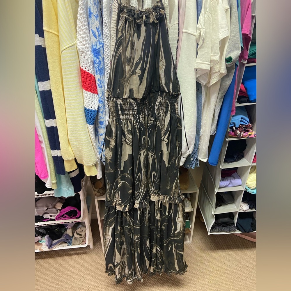 Banana Republic ruffle halter maxi dress black tan XXS